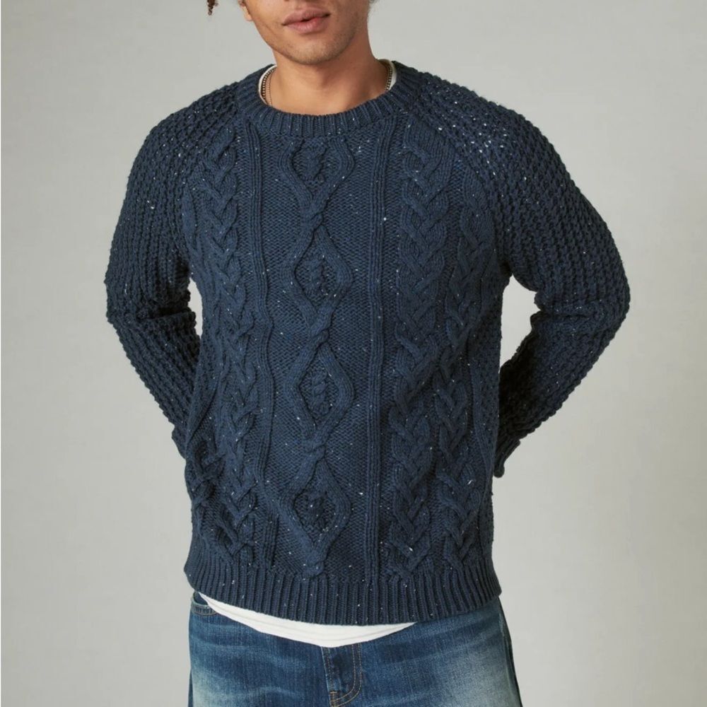 Lucky Brand Tweed Crew Neck Sweater Navy Blue Size Medium